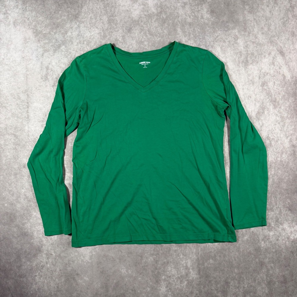 Lands End Relaxed Fit V-Neck Long Sleeve Cotton T-Shirt Green Women M Basics